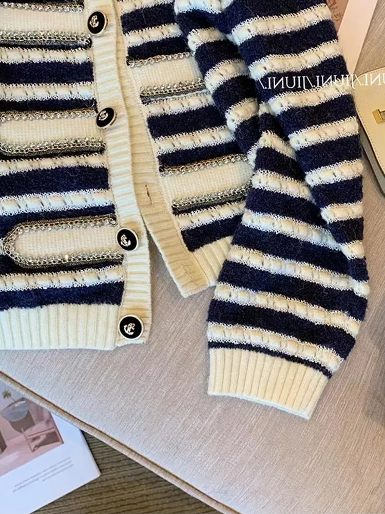 French Elegance Women Basic Striped Cardigan New Design Fashion Pullover 2000s Aesthetic Knitted Sweater Classical Streetwear