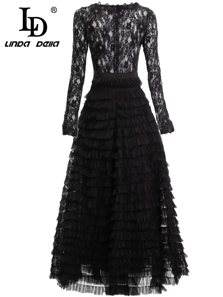 LD LINDA DELLA Fashion Runway Autumn Winter Dress Women's O Neck Hollow out Long sleeve Balck Party Elegant Long Cake Dresses