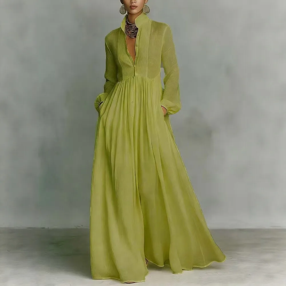 Women's Long Sleeve Dress Shirt Collar High Waist Pocket Temperament Evening Elegant Solid Color Fashion Female's Long Dress