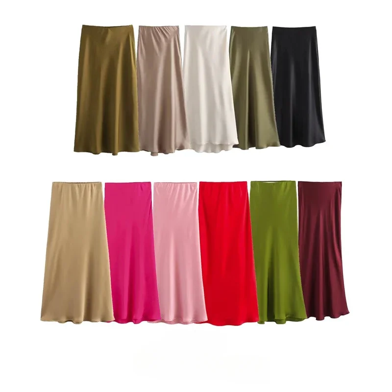 

European and American Style Women's Clothing French Fashion Silk Satin Texture High-waisted Skirt Solid Color Faldas Ajustadas