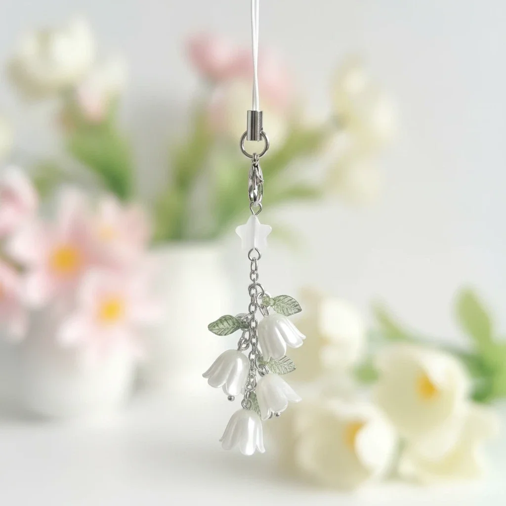 Lily of the Valley keychain - White Floral Phone Strap Cute Jewelry for Phone/bag  Dainty Star & Leaf Phone Accessory