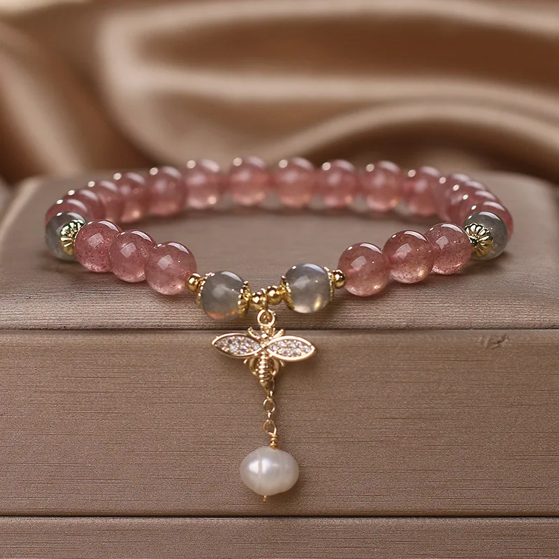 

Браслет из натурального клубничного кварца «Цветок персика» от Zhao Peach Blossom, розовый кристаллический браслет для девочек, нишевый браслет с пчелой, легкий люкс, изящные бусины, ювелирные украшения