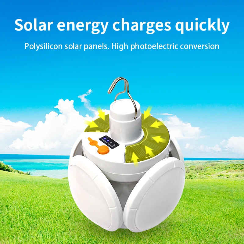 Solar Outdoor Folding Light Portable USB Rechargeable LED Bulb Search Lights Camping Torch Emergency Lamp for Power Outages