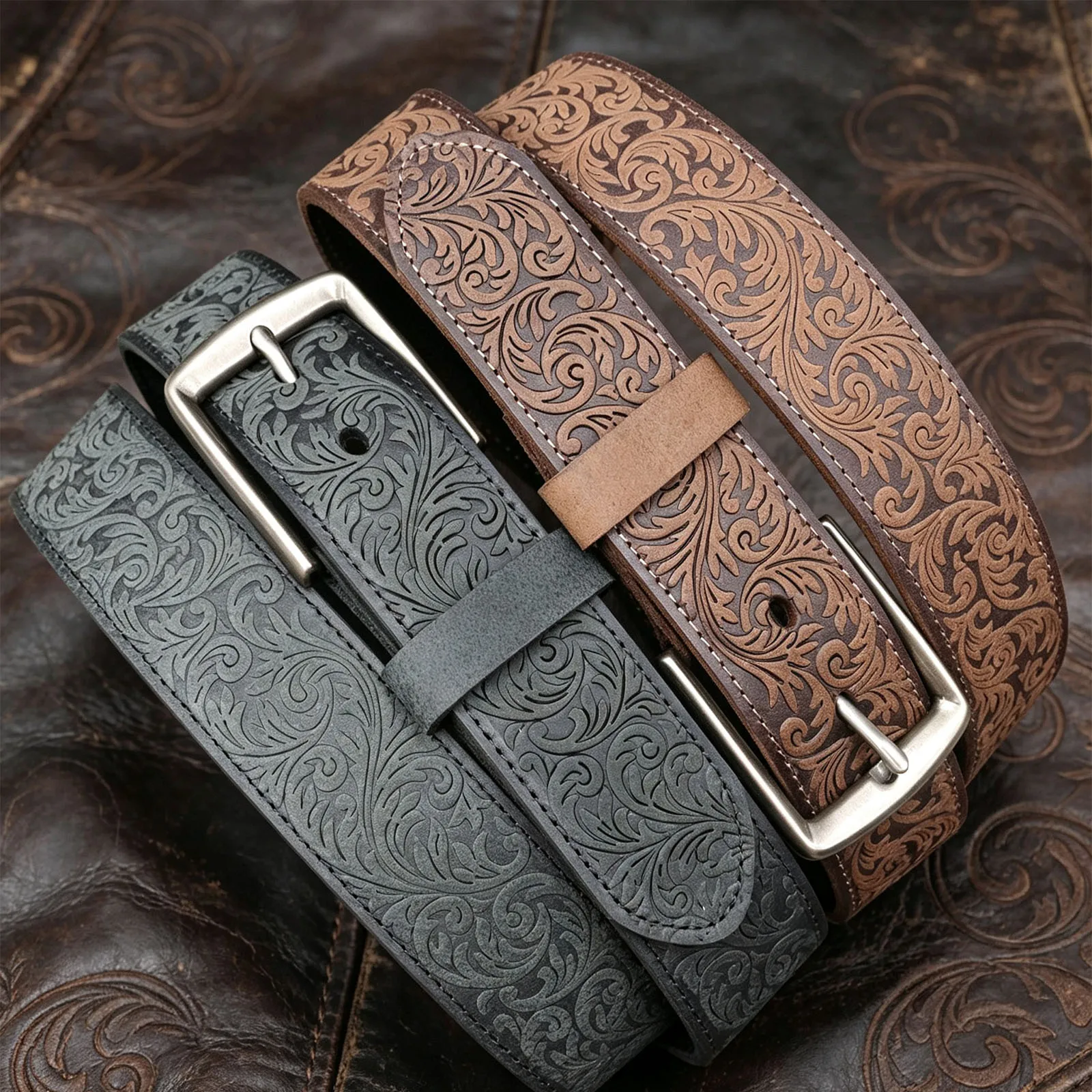Vintage Western Tooling Belt Intricate Swirl Filigree Floral Embossed Cowhide Belt Retro Curved Buckle Bohemian Cowboy Accessory
