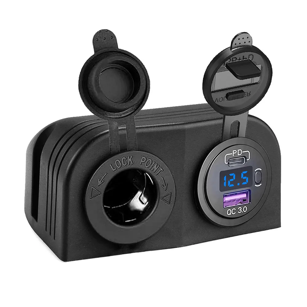 

Tent Type Panel PD Type C & QC 3.0 USB Car Charger with Voltmeter 12V/24V Cigarette Lighter Socket for Car Motorcycle Boat RV