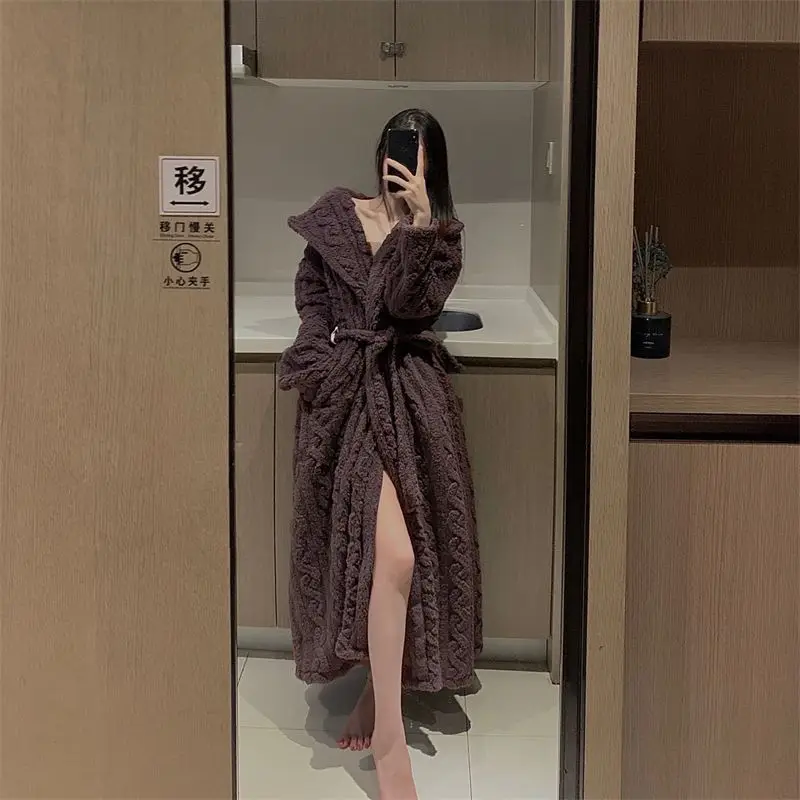 Coral Fleece Long Robe Kimono Gown Winter Warm Flannel Nightdress Bathrobe Casual Sleepwear Intimate Lingerie Thicken Homewear