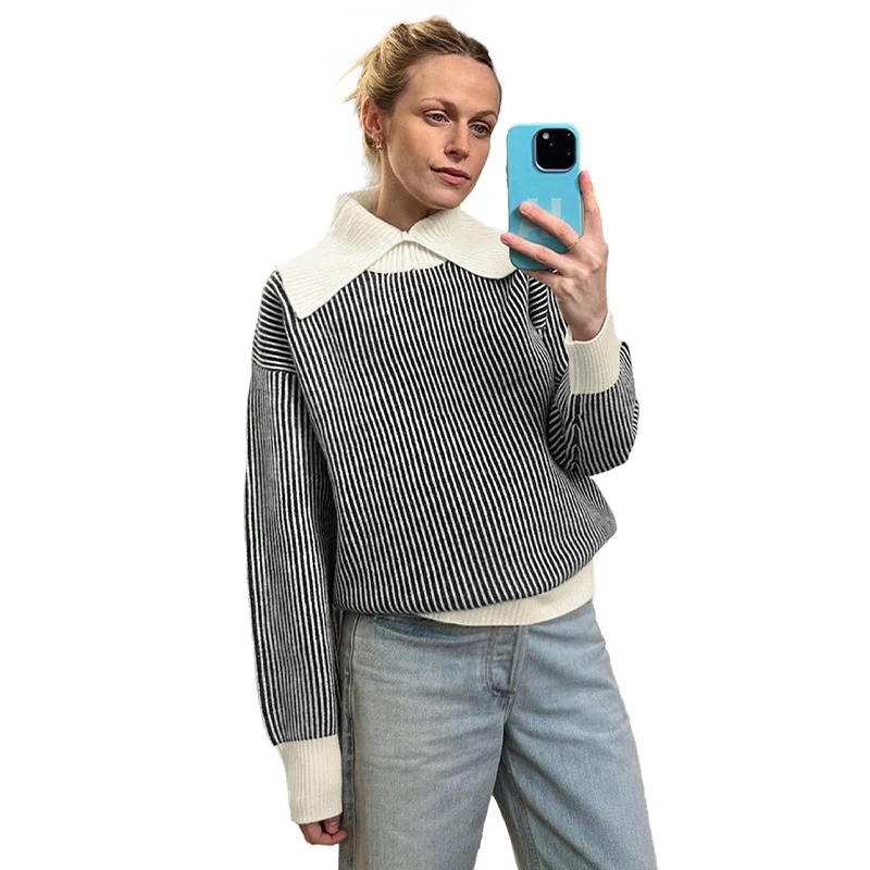 HXWC181 2025 خريف شتاء جديد عادية ريترو ستايل تصميم تحسس كبير بدوره إلى أسفل طوق شبه الياقة المدورة سويتر مقلم المرأة #5