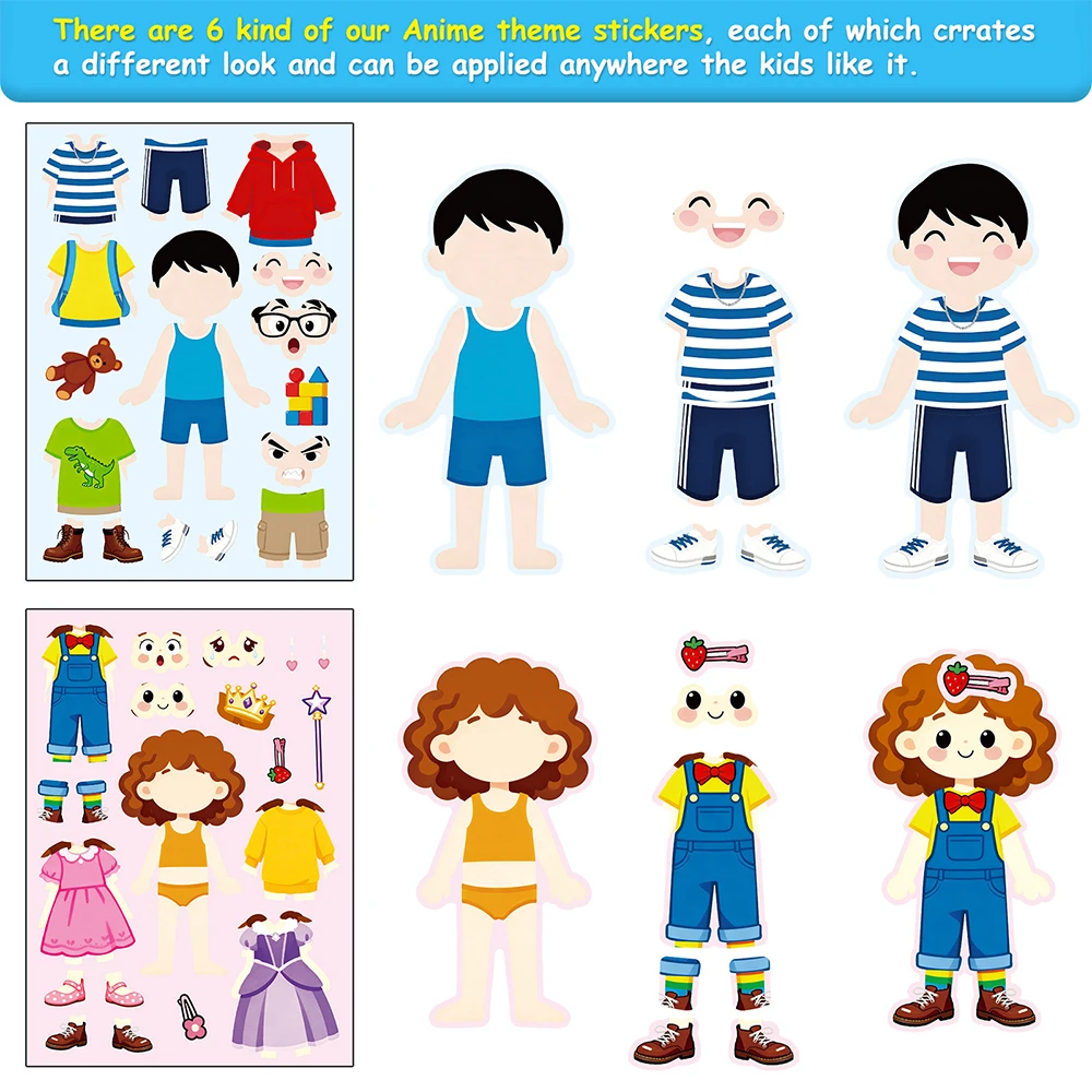 สติกเกอร์ตัวต่อแต่งตัวตัวละคร 6/12 แผ่น สนุกสนานด้วยการสร้างหน้าการ์ตูน เกมต่อจิ๊กซอว์ DIY ประกอบเอง ของเล่นเสริมพัฒนาการ รางวัลงานปาร์ตี้ ของขวัญ