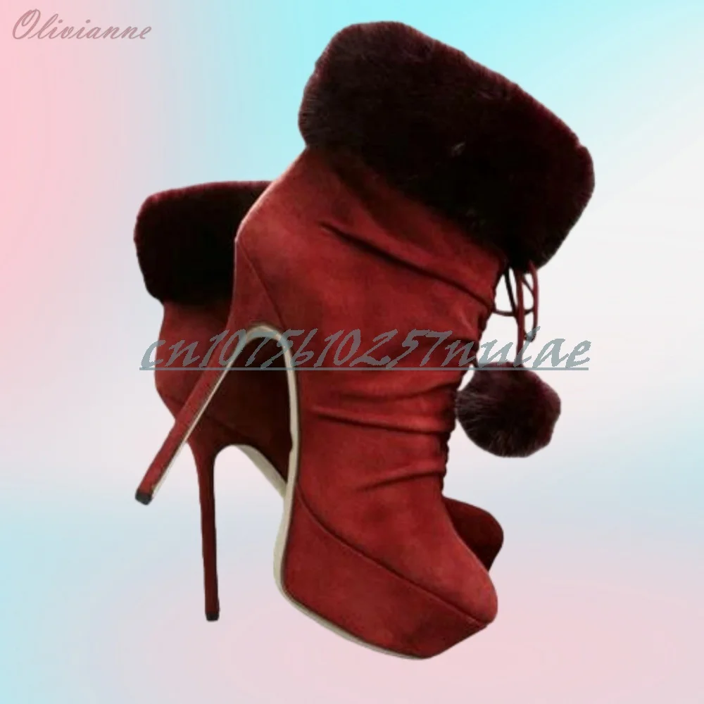 

Deep Red Fur Ball Design Pumps Platform Stiletto High Heel Suede Retro Style Party Fashion Sexy Women Shoes Zapatos Para Mujere