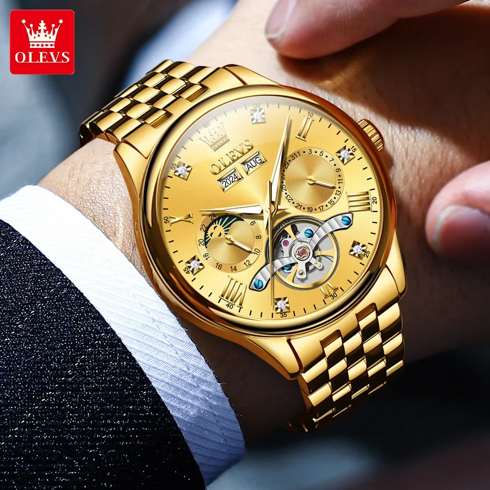 OLEVS 7023 orologi da uomo Luxury Moon phase impermeabile orologio meccanico automatico originale per uomo orologio da uomo con datario in acciaio inossidabile