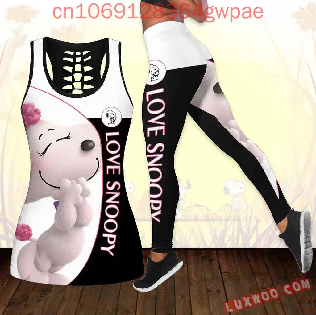 

Snoopy Women Cutout Tank Top and Leggings Yoga Set Summer Fitness Leggings Gmy Tracksuit Hollow Tanktop Leggings Suit