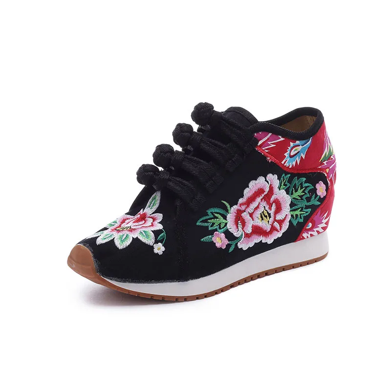 Fashion Single Shoes/plush Women Casual Canvas Embroidered Sneakers Mid Top Lace Up Ladies Comfort Denim Cotton Travel Shoes