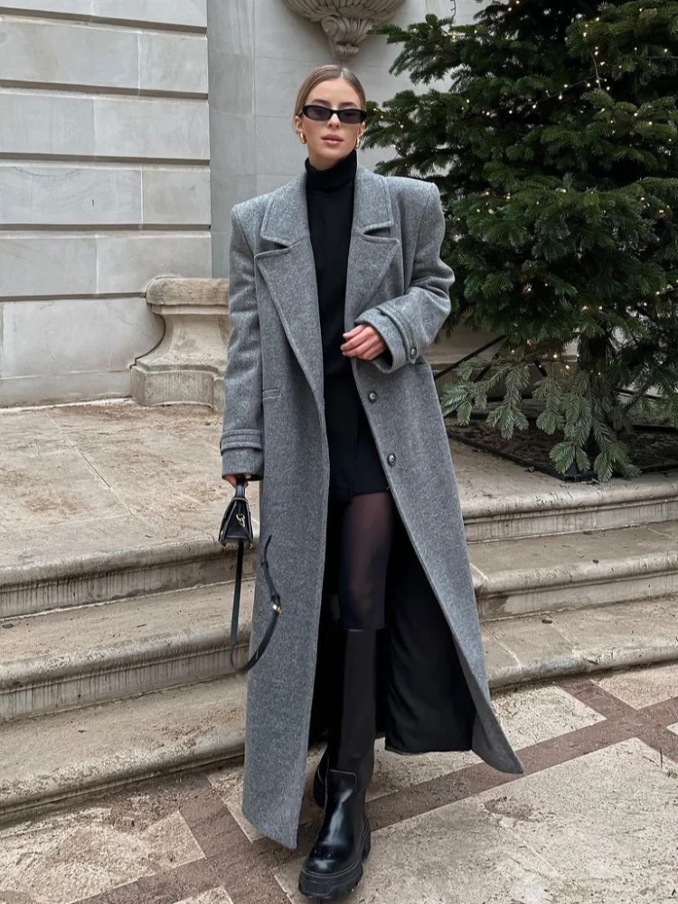 Chic Grey Padded Shoulder Women\'s Jackets Classic Lapel Single Breasted Full Sleeve Coat 2024 New Female Fashion Long Overcoats