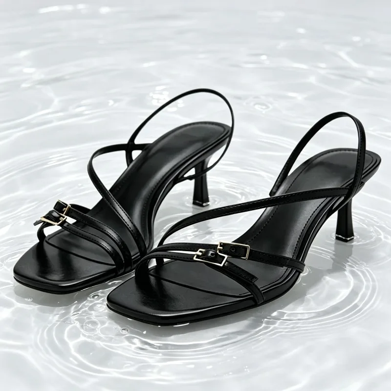 

Fashion Narrow Band Buckle Detail Heeled Sandals Women Elegant Square-toe Open Toe Slingback Heels Street Style Party Dress Shoe