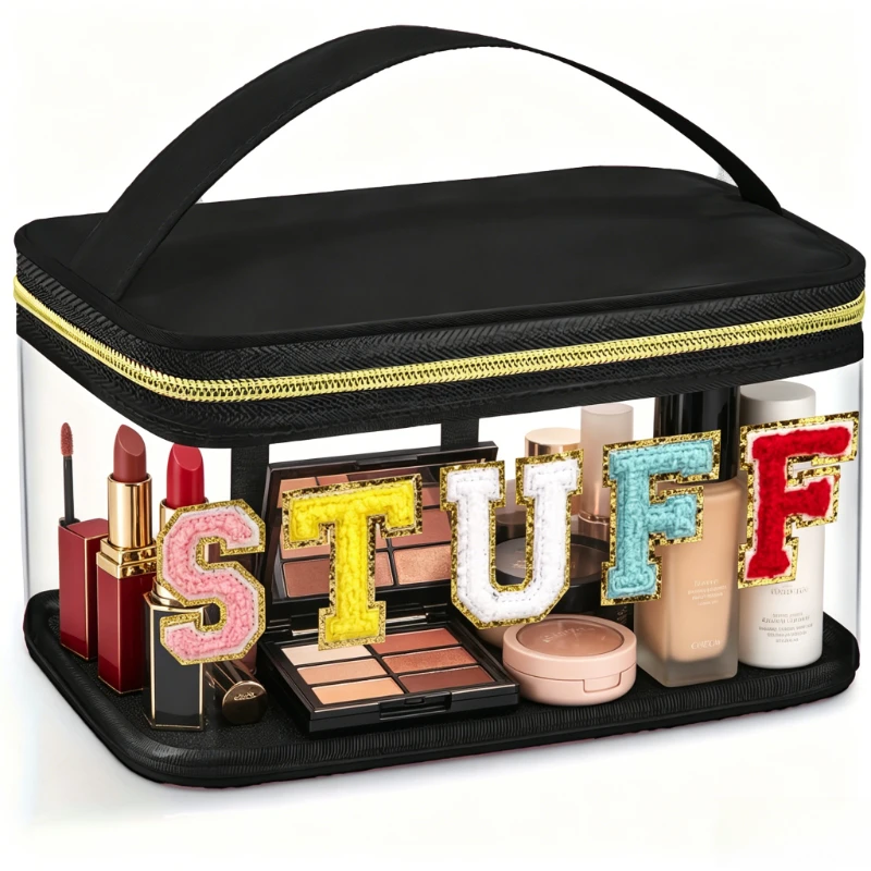 1PC Fashion letter patch cosmetic bag Clear handle nylon zipper travel medicine bag suitable for patients and nurses