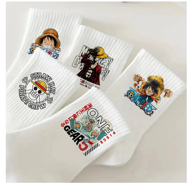 1/5Pairs Men Women Thin Calf Socks Anime One Piece Luffy Above Ankle Socks All Seasons Unisex Sport Non Slip Cotton Crew Sock