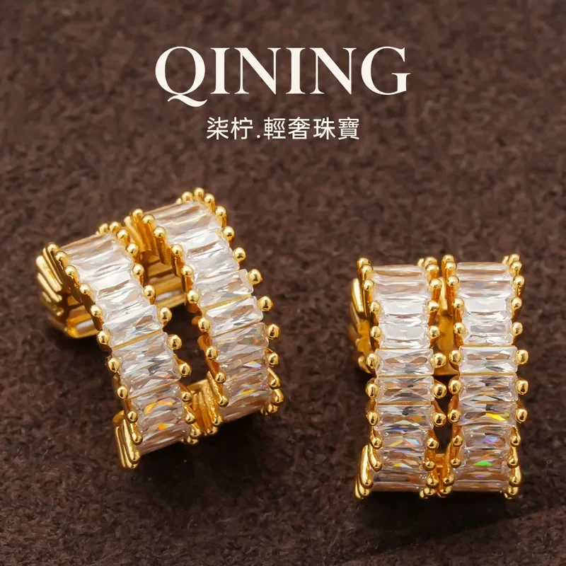 London Metropolis, ladder square diamond double-layer C-shaped ear clips, women's ear-less commuting versatile earrings,