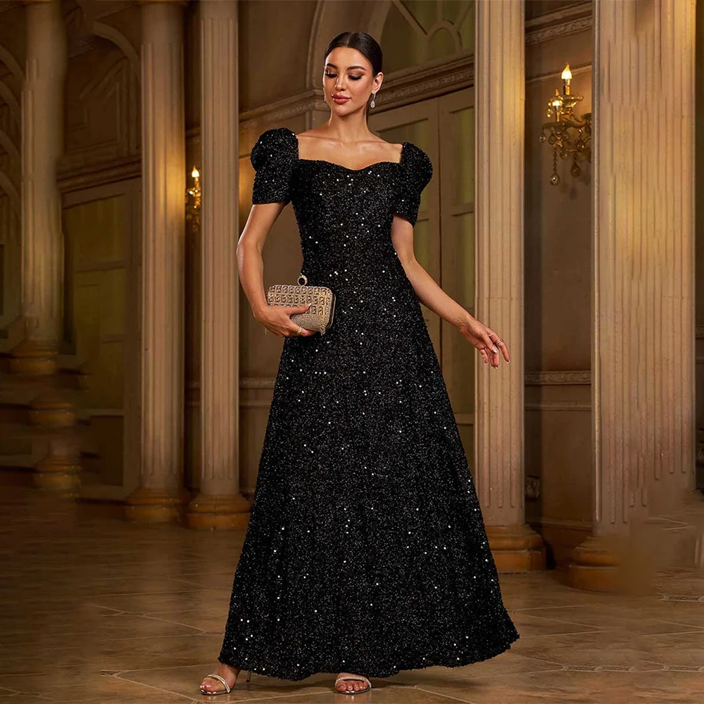 

Women's Sparkle Sequin Evening Dress Square Neck Short Sleeve A-line Prom Dress Formal Party Gown Elegant 2025 Summer Customized