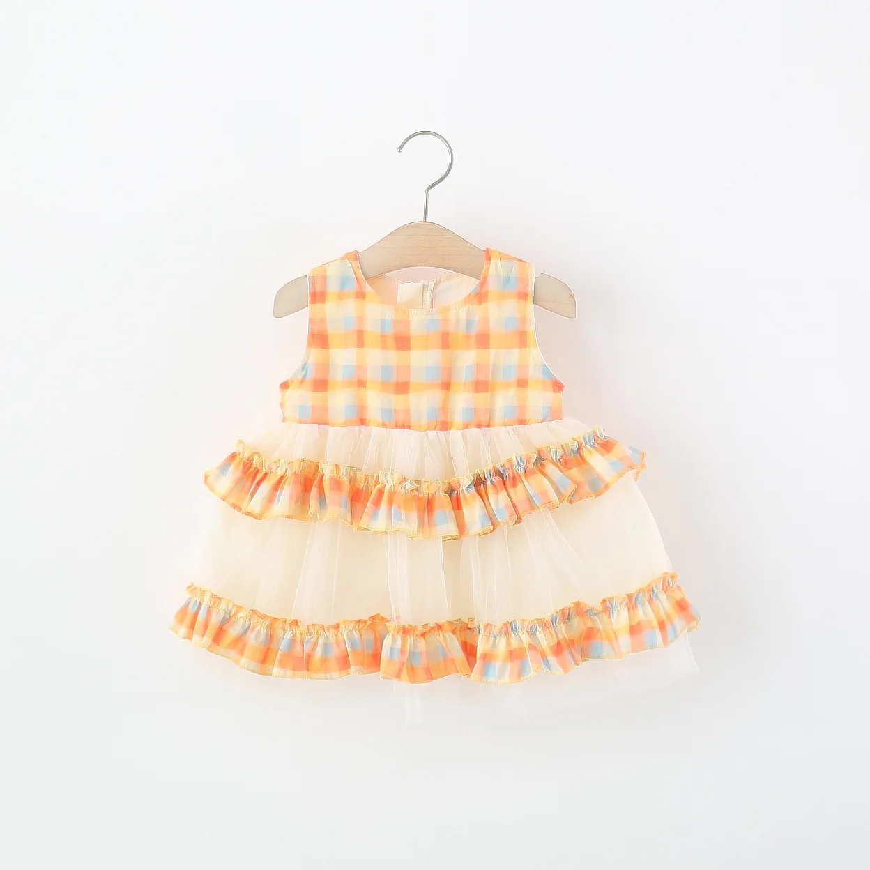 Summer Baby Girl Dress Sweet Plaid Mesh Patchwork Sleeveless Birthday Party Dress Children's Clothing 6 Months -3 Years Old