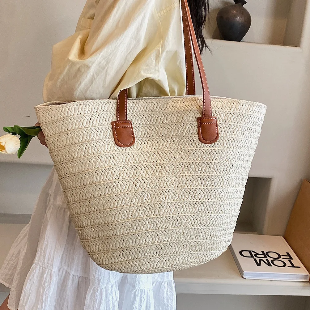 Casual Large Capacity Straw Basket Bag Weave Women Shoulder Bags Handmade Lady Handbags Simple Summer Beach Big Tote Bag 2024