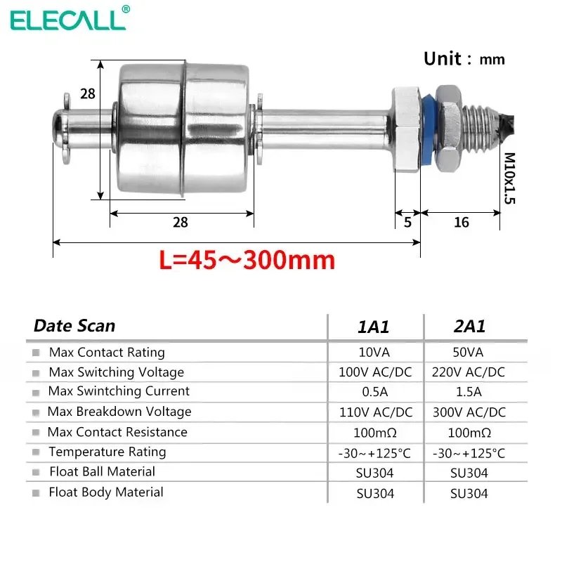 ELECALL Water Level Float Switch Water Tower  Pump Tank NO/NC Automatic Controller Flow Sensor stainless steel 2A1