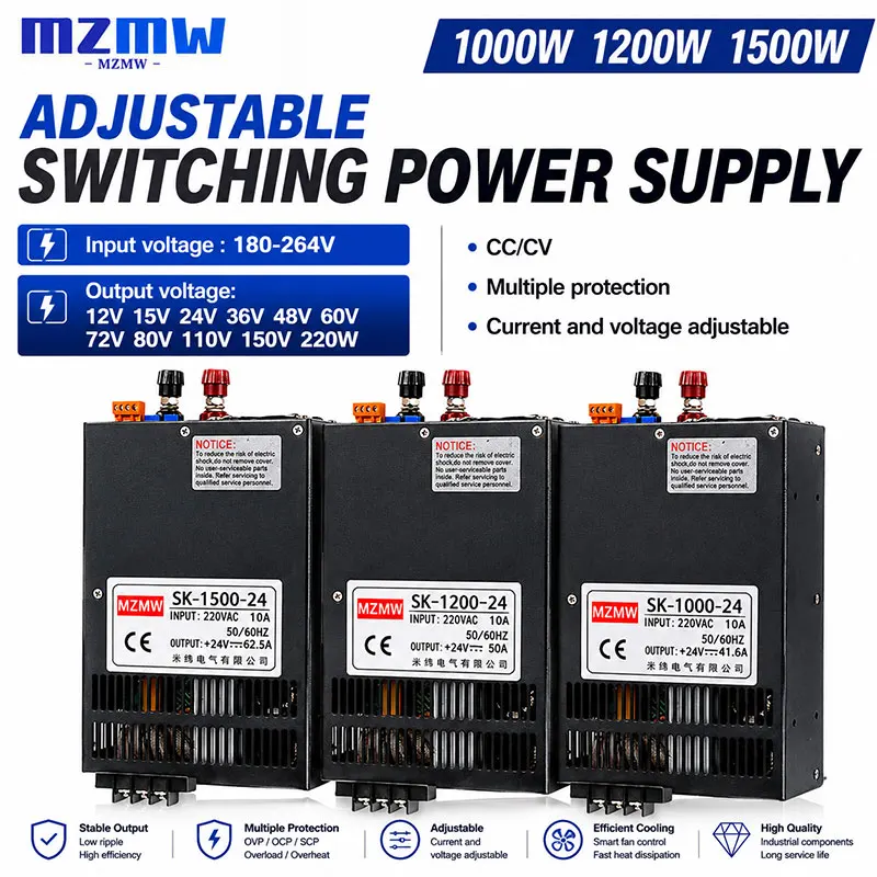 MZMW 1000W 1200W 1500W Adjustable Switching Power Supply AC DC 12V 24V 36V 48V 60V 72V 80V 110V 150V 220V CC CV Industrial SMPS