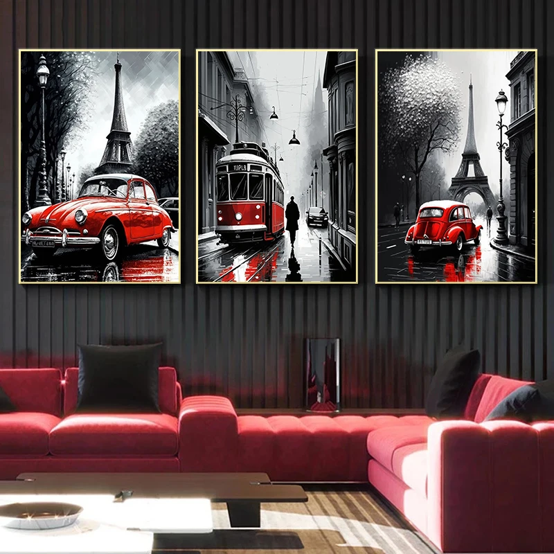 خمر سيارة حمراء أبيض وأسود باريس لندن المشهد اللوحة الرسم على لوحات القماش الجدارية المشارك لغرفة المعيشة ديكور المنزل الهدايا #2
