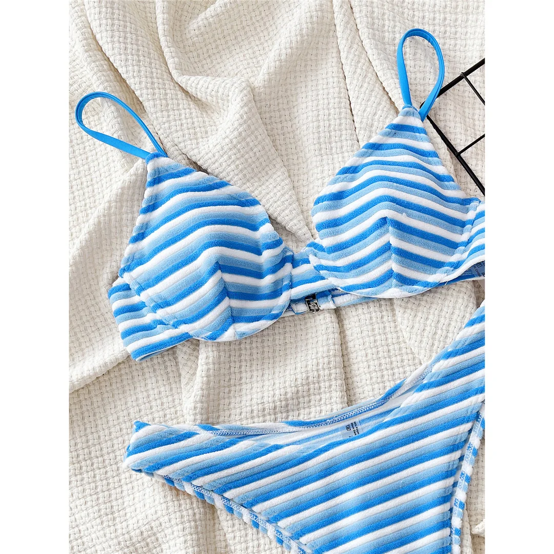 Damen-Badeanzug, gestreift, mit Bügel, brasilianischer Schnitt, hoch geschnitten, zweiteiliger Bikini, Badebekleidung, Badeanzug, Modell V5956. – Detail 11
