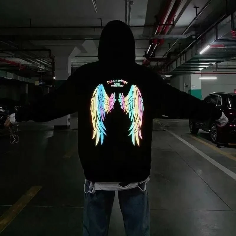 Mens Hoodies 2023 Spring Hip Hop Streetwear Harajuku Reflective Wing Printing Pullover Fashion Hooded Sweatshirt Male Clothing