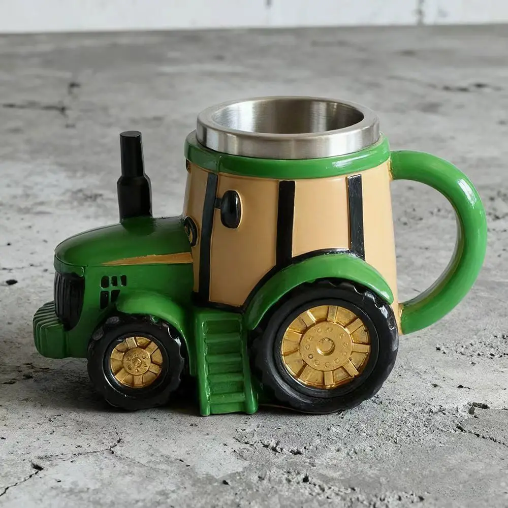 Creative Tractor-Shaped Mug with Green Cartoon Resin Shell + Stainless Steel Inner Lining, Fun Decorative Piece Drinkware