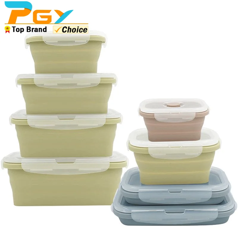 Kitchen Silicone Rectangle Lunch Box Collapsible Portable Bowl Food Storage Container Folding Bento Box For Microwavable Picnic