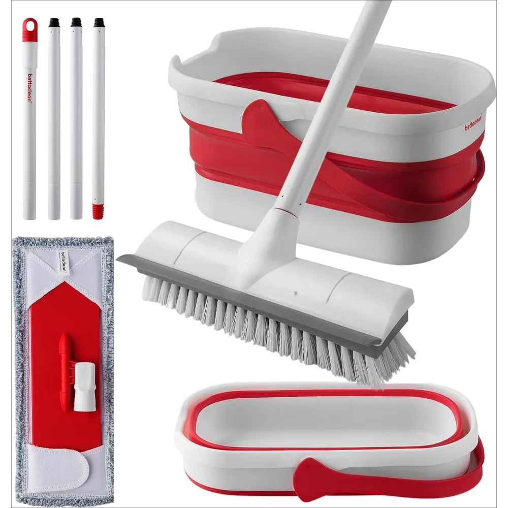 

Mop Bucket Set with Heavy Duty Scrub Mop and Broom, Outdoor Mop and Bucket with Wringer Set for Home, Collapsible Indoor