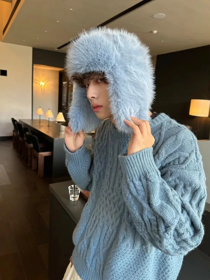 رقيق تقليد فرو المنك منفذها القبعات الرجال الخريف والشتاء النسخة الكورية أفخم الطيار قبعة الإناث Ins مدون الدراجات الباردة قبعة #2