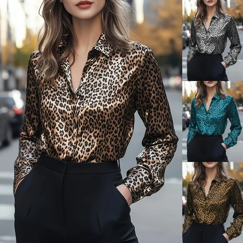

ZEMOREXMZ Office Lady Trendy Leopard Lapel Blouses Fashion Casual Long Sleeves Loose Buttoned Urban Shirts Tops Women's Clothing