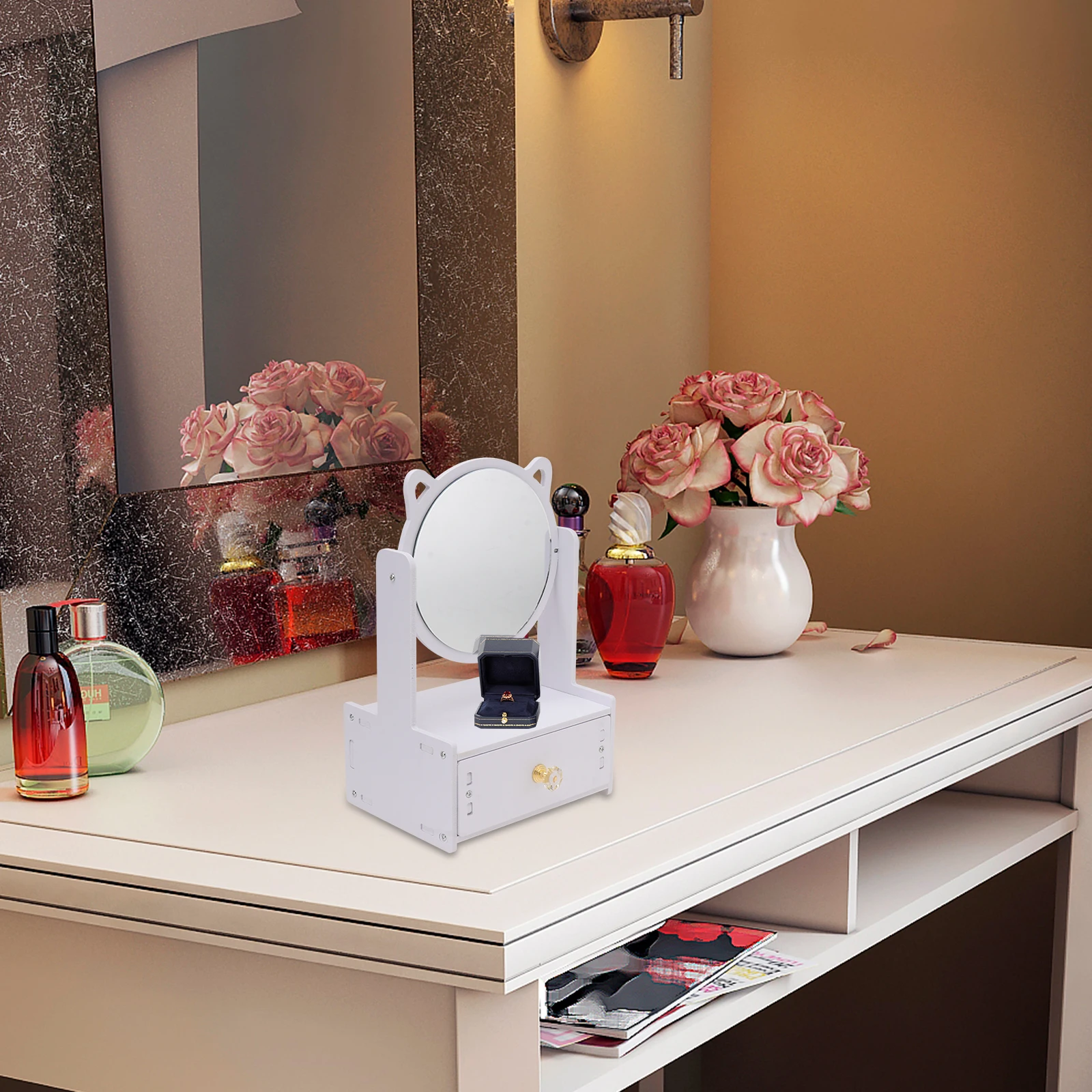 

Wooden Makeup Storage Box 360° Rotatable Desktop Vanity for Cosmetics Jewelry Fashion Crystal Glass Smooth Surface Desktop