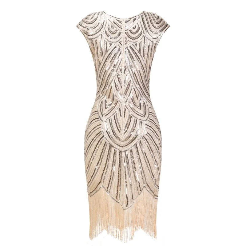 1920s Flapper Dress Great Gatsby Dress O-Neck Cap Sleeve Sequin Fringe Party Midi Dress Vestido Summer Women Dress Xxxl PlusSize