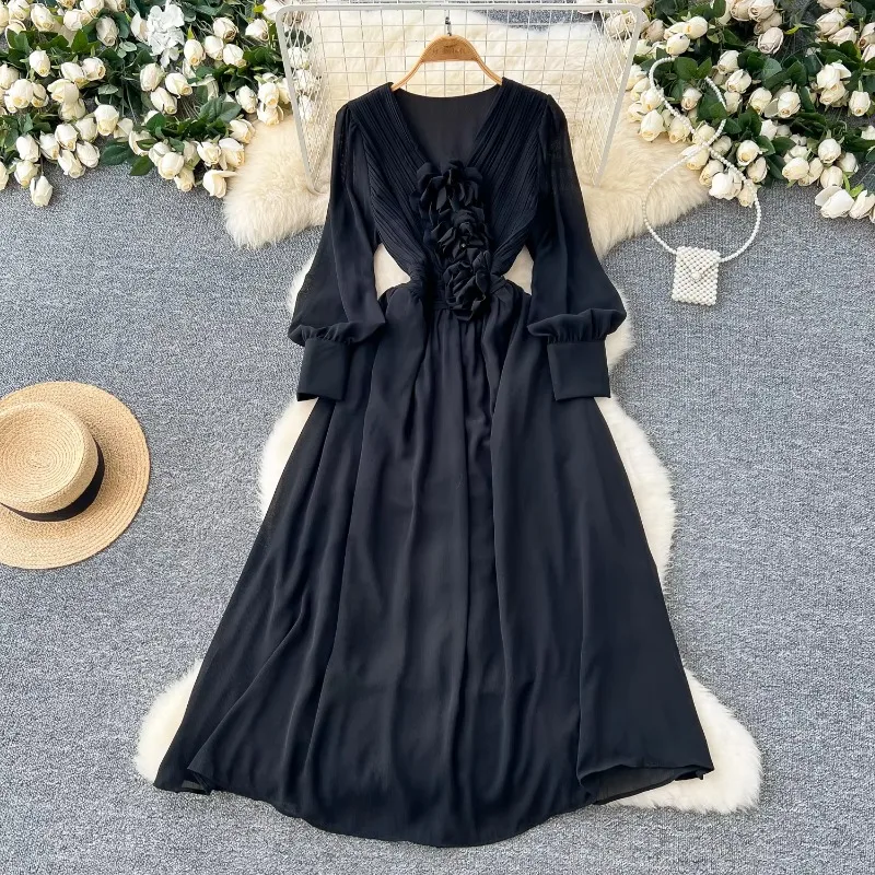 Vintage V-neck Basics Long Lantern Sleeve Elegant Three-dimensional Floral Slim Dress French Fashion High Street Autumn Clothing