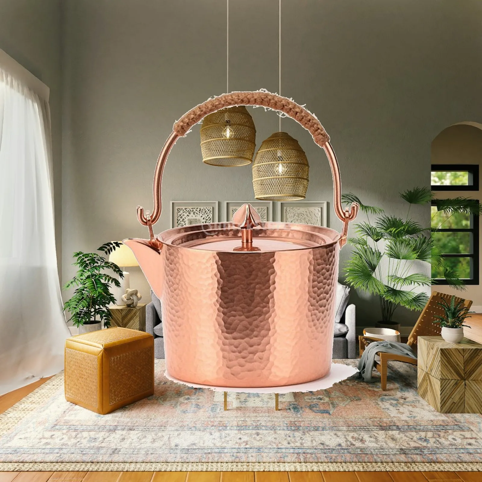 Traditional Hammered Copper Kettle for Tea Ceremony Red Copper Water Boiler with Fiber Wrapped Handle for Safe Grip