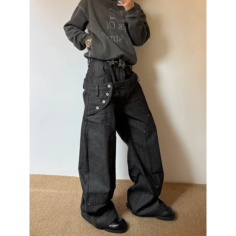 Men's Curved Hem Jeans Double Waistband Diagonal Patchwork Design Unique Niche Loose Wide-Leg Pants High Street