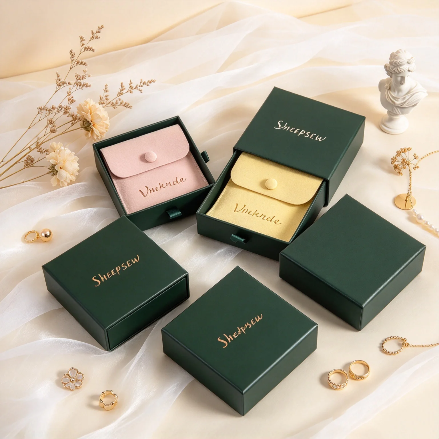 SHEEPSEW 100Pcs Custom Logo Microfiber Envelope Flap Jewelry Pouch & 100Pcs Kraft Paper Drawer Jewelry Box Personalized Rings Ea