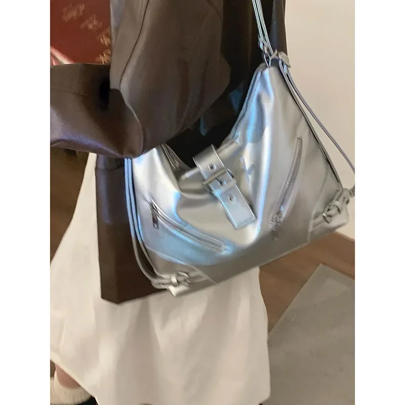 MBTI Y2k Vintage Shoulder Bag for Women Fashion Large Capacity Aesthetic Backpacks Casual Silver Commuter Female Motorcycle Bag