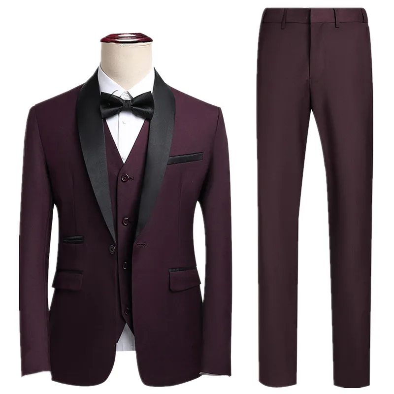 2026 New Men's Black Suit Three-Piece, Business Wedding Jacket with Vest and Pants, Asian Size M-6XL, Burgundy Gray White Sets.
