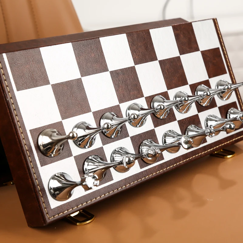 Chess set Folding High-grade Leather Box Storage Set Metal Chess Piece King height 65mm Portable European Ornament I192