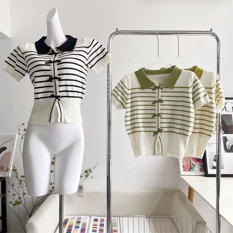 

Striped Bow Button T-Shirt Tops Solid Color Spring Autumn Slim-Fit Tshirt Elasticity Tee