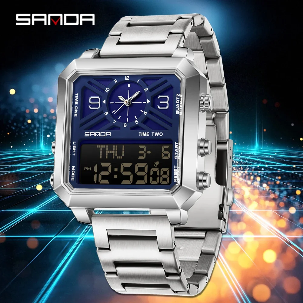 

SANDA Luxury 6265 Квадратные часы с двойным дисплеем Мужские кварцевые стальные полоски 3ATM Водонепроницаемые ночники Спортивные деловые часы