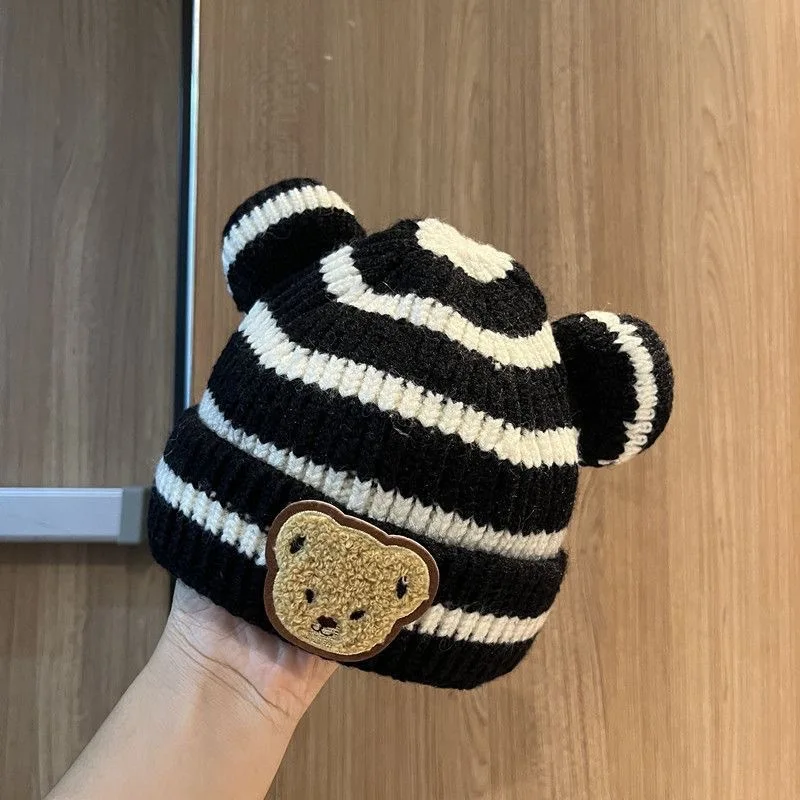 Gorro de punto de estilo coreano para bebé, gorro de lana con cabeza de oso a rayas, rizador de piel de melón, Otoño e Invierno