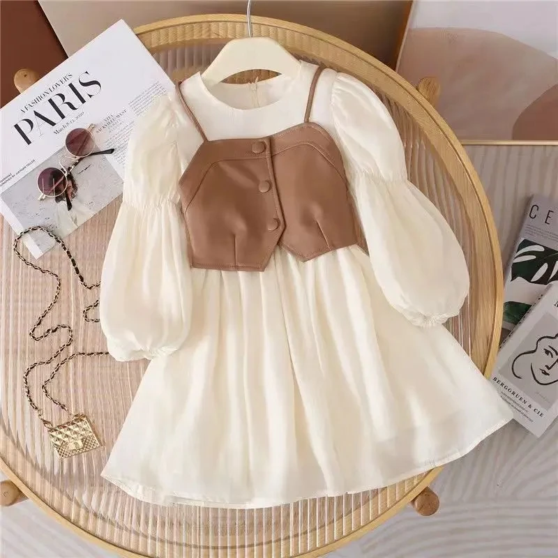 2 To 12 Years Long Sleeve Chiffon Princess Dress + PU Leather Vest 2Pcs Elegant Girls Dress Spring Autumn Kids Clothes