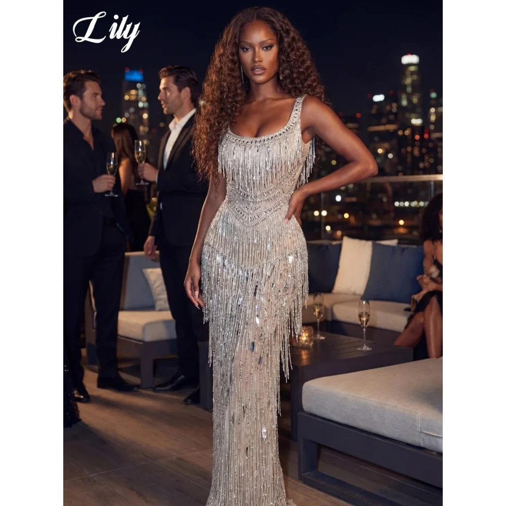 Lily Silver Prom Dress Rhinestone Beaded Tassel Fringe Mesh Evening Dress Luxury Mermaid Cocktail Formal Party Gown Customized