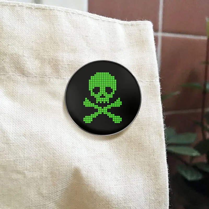 Green Pixel Skull UV Printing Pin Round Brooch Cyberpunk Hacker Aesthetic Lapel Badge Accessory For Friends