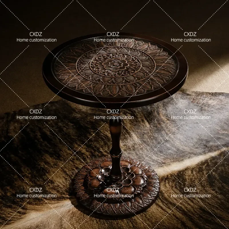 Meditation Lotus Small Round Table New Chinese Solid Wood Retro Living Room Side Table Balcony Coffee Table